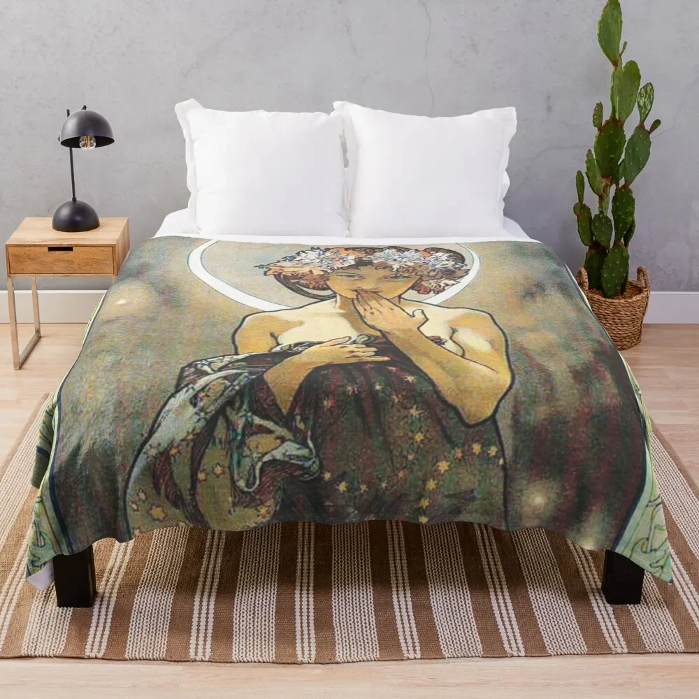 

HD. The Moon and the Stars, (number 1 from serie of 4) by Alphonse Mucha (1902) HIGH DEFINITION Throw Blanket bed plaid Blankets