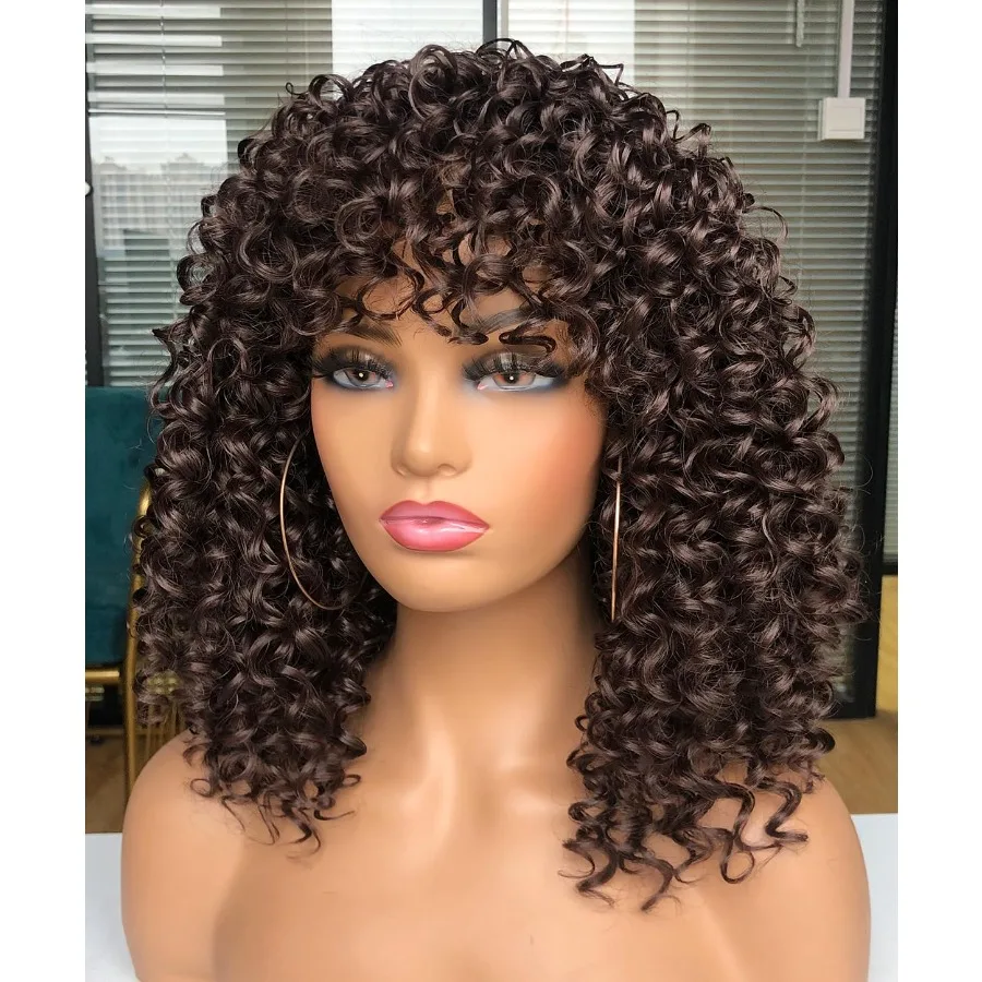 باروكات أفريقية مجعدة للنساء السود شعر مستعار شديد التجعد مع الانفجارات من الألياف الاصطناعية ذات مظهر طبيعي بدون صمغ لراحة الارتداء اليومي