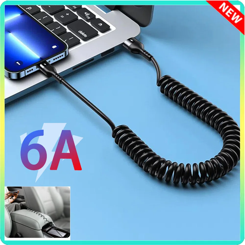 1-1.5M 66W 6A Quick Charging Spring Cable C type cable High-speed Car Charging Cord Retractable Wire car phone charger for ios