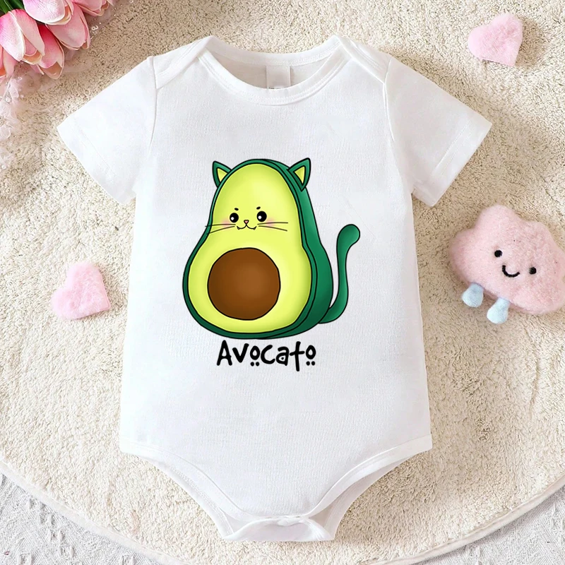 

Baby Boys And Girls Summer Casual Jumpsuits Avocado Print Soft Short Sleeve Round Neck Bodysuit Solid Color Clothes For Newborns