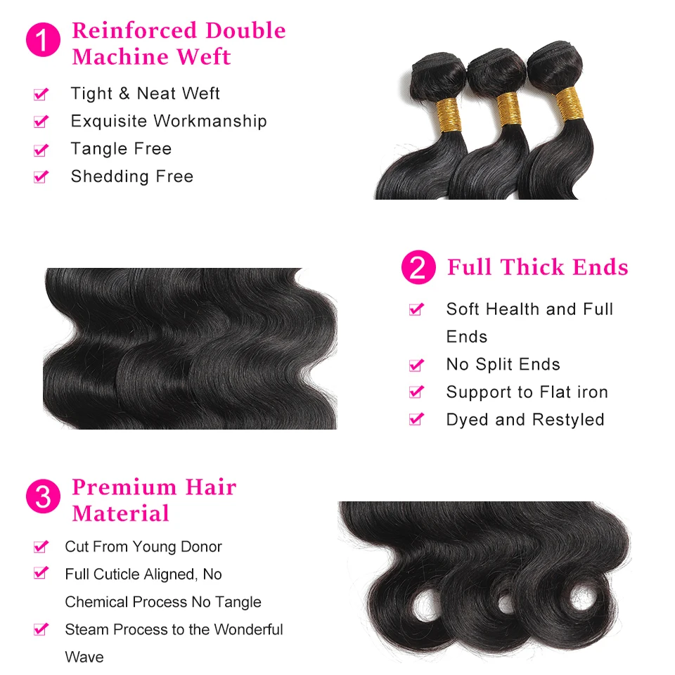 Body Wave Pacotes de cabelo humano, Natural Black, Extensões de cabelo Virgin, Raw e birmanês cabelo tecelagem, 1 Pacotes, 2 Pacotes, 3 Pacotes Deal, 30 Polegada, 13A