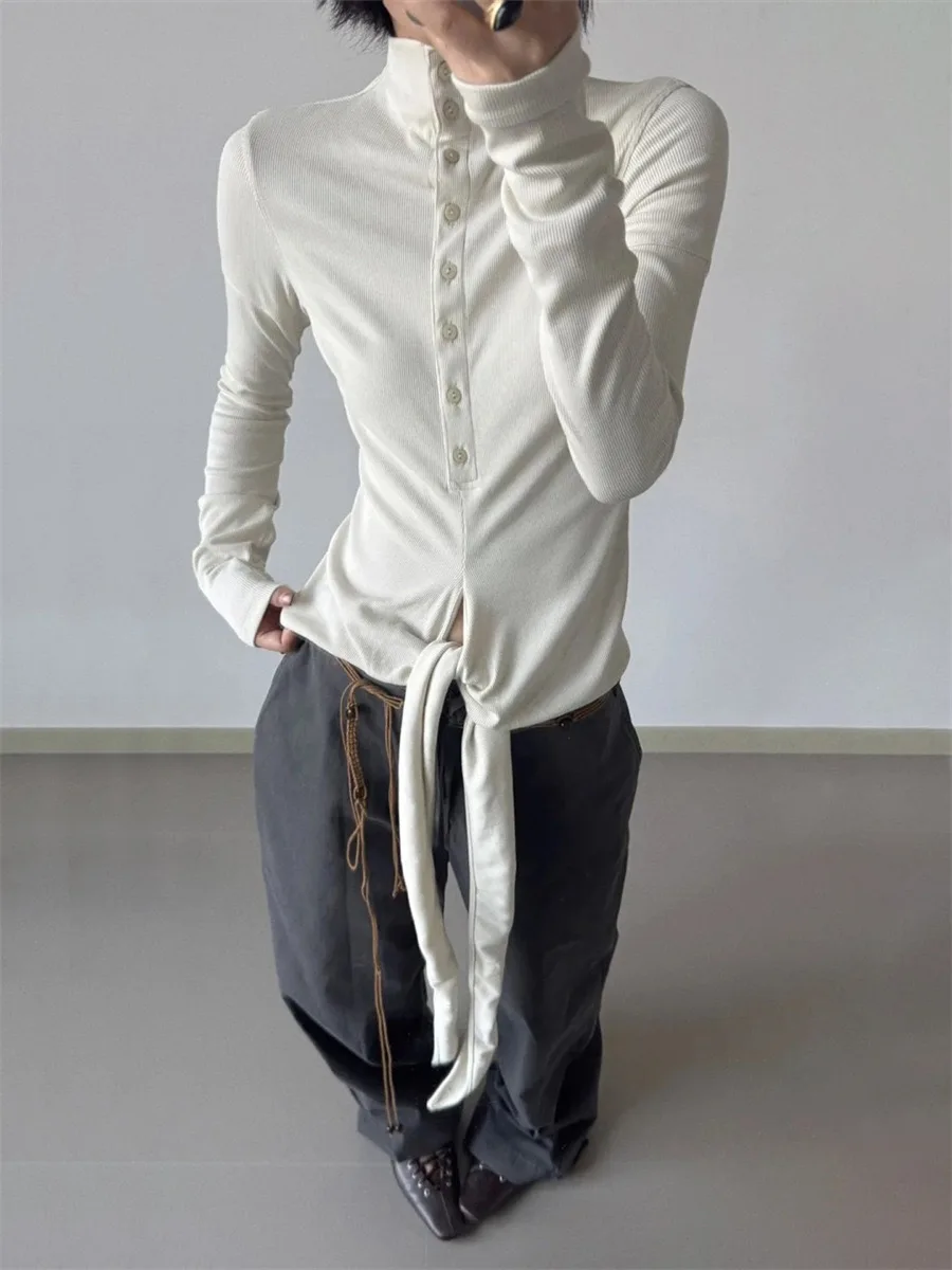 

Удобный топ с высоким воротником и длинными светями на пуговицах, облегающий топ, модная осенняя новая женская футболка Sle, чистый цвет