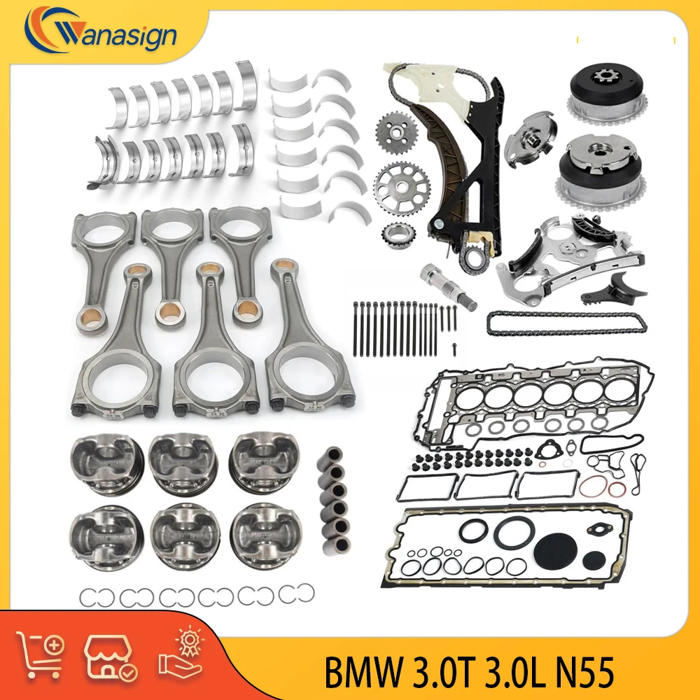 For BMW X5 X6 135i 3.0L L6 GAS N55 Engine Rebuilding Kit with Timing Chain VVT Gear Piston Connecting Rod Full Gasket Set 3.0L