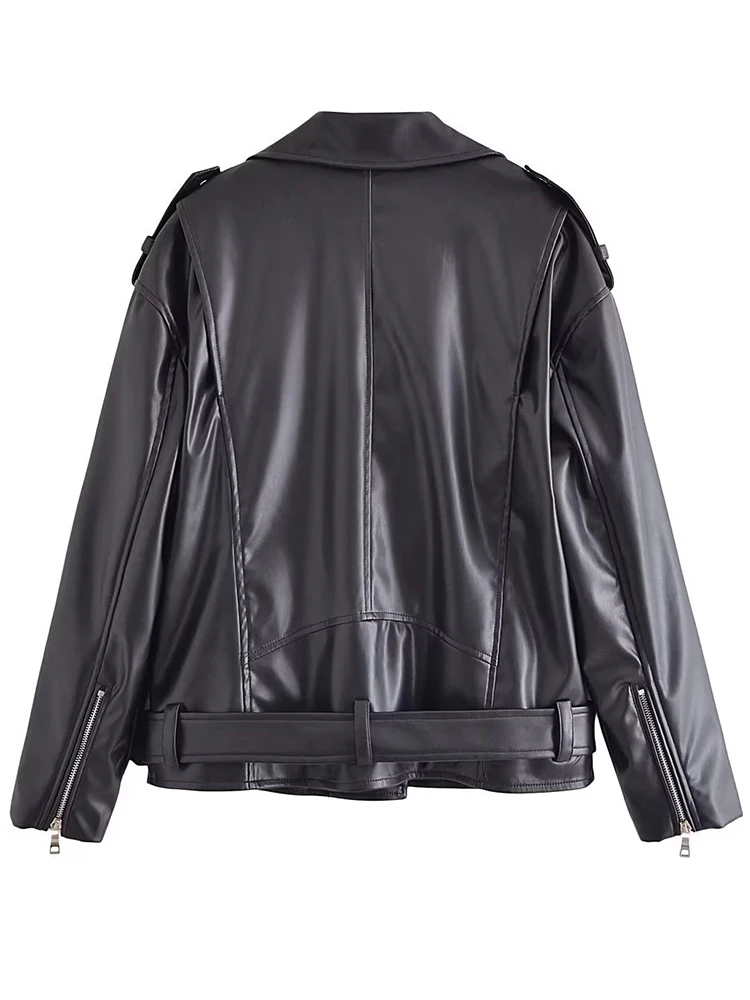 Fitaylor New Spring Autumn Women Streetwear Faux Leather Jacket with Belt Female Fashion Lapel Zipper Moto Biker Pu Coat Outwear