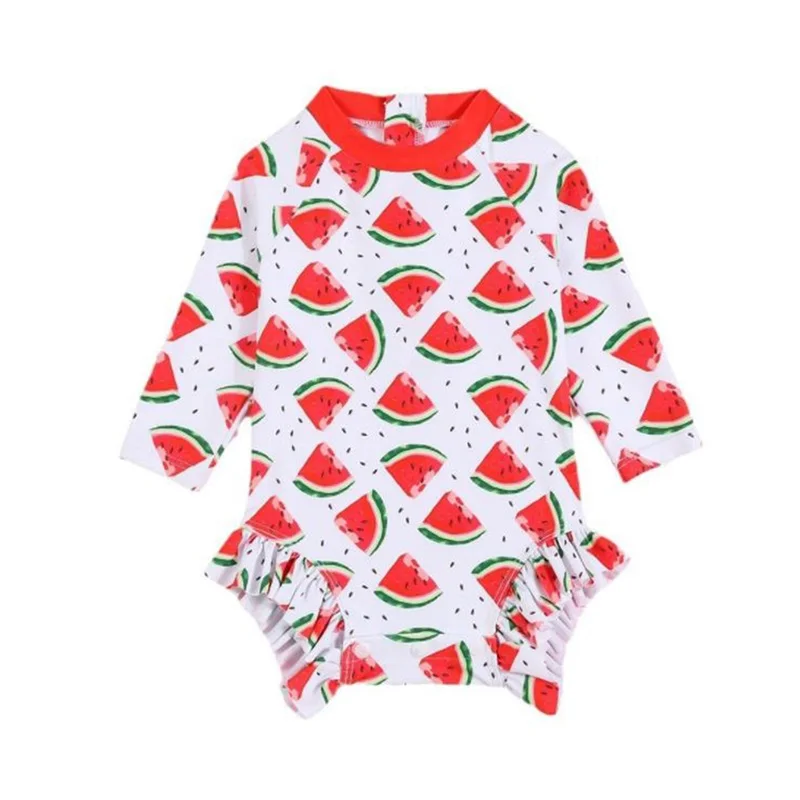 SUNSIOM Baby Girls Rash Guard Swimsuits Watermelon Stripe Pattern Zip Up Long Sleeve Crew Neck Infant Girls Swimwears