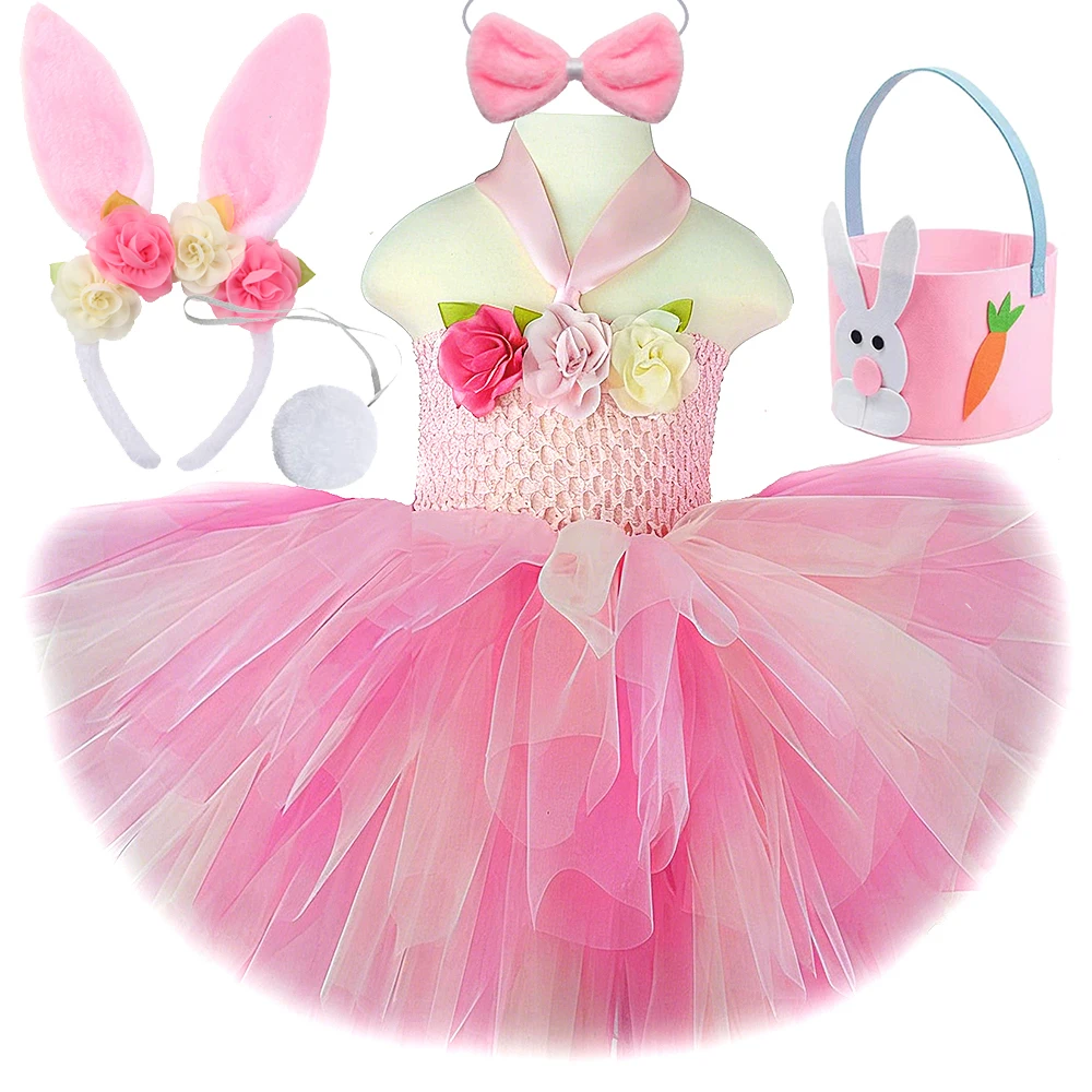 Pink Flower Bunny Costumes for Baby Girls Easter Holiday Ballet Tutu Dress Kids Rabbit Carnival Outfit with Long Ears Tail Set