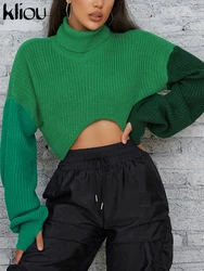 Kliou Knitted Patchwork Sweater Women Hipster Turtleneck Loose Irregular Shape Color Match Crop Tops Lady Casual Street Clothing