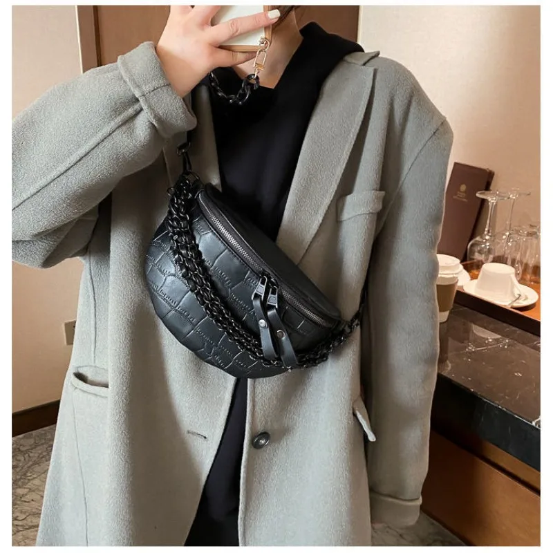 Fashion High Street Chain Crossbody Chest Bag for Ladies Wide Belt Zipper PU Shoulder Satchel Women Travel Purses and Handbags