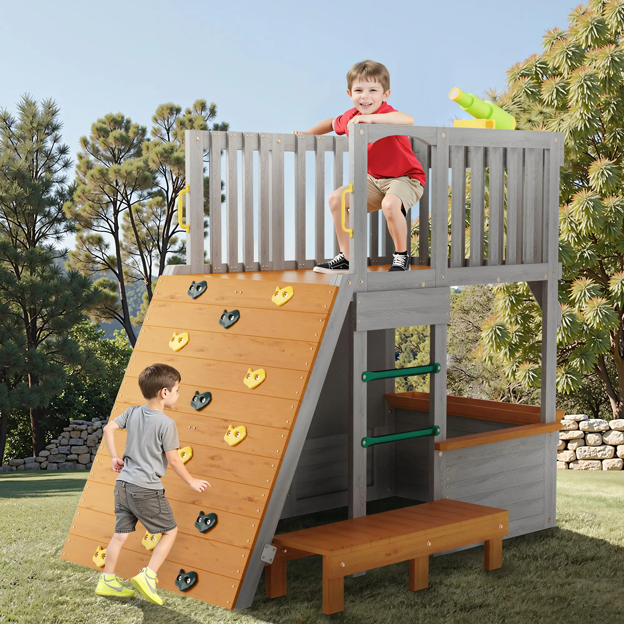 Outdoor Wooden for kids Playhouse – Large Sturdy Design with Lookout Post, Climbing Ramp & Telescope – Ideal for Ages for 3 -6