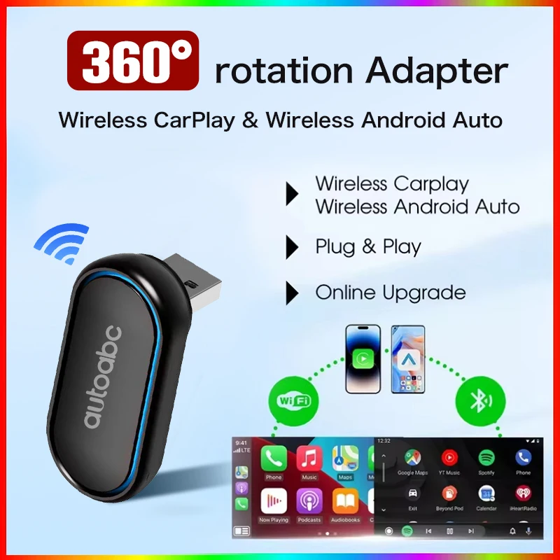 New 360 Degree Rotating Mini 2-in-1 Wired AI Box Adapter, Wireless Carplay and Android Auto Compatible 99% WiFi Smart Dongle