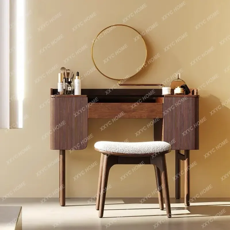 W  Black Walnut Dresser Light Luxury Small Apartment Bedroom Multi-functional Solid Wood Makeup Table Integrated