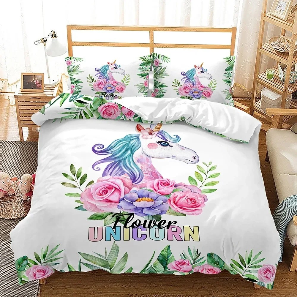 Rainbow Unicorn Bedding Set Colourful Flowers Duvet Cover Comforter Linen Pillowcases For Girls Gift Single Double King Queen