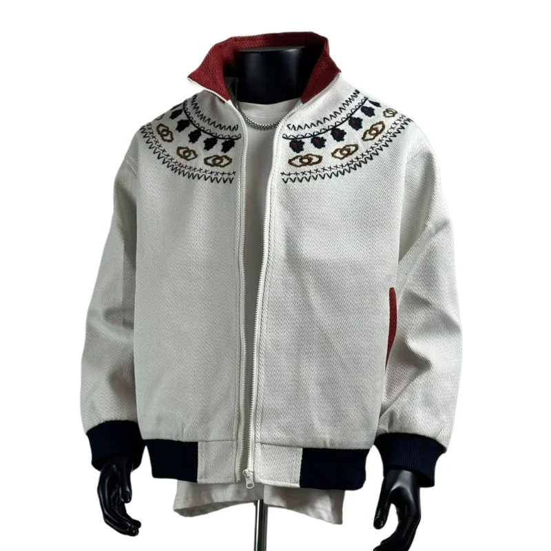 2026 Autumn High-end Outerwear for Both Men Women American Retro Color-blocking Ethnic Style Embroidered Stand-up Collar Jacket