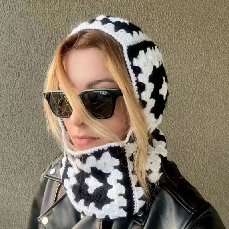 Pasamontañas de ganchillo de madera Ins para mujer, gorros de punto cálidos para invierno, gorro con capucha de bloque de color, protección para el