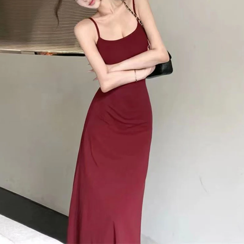 Spaghetti Strap Dresses Women Retro Sexy Slim Simple Daily Streetwear Ulzzang Midi Trendy Pure Vestidos Summer Ladies Sleeveless