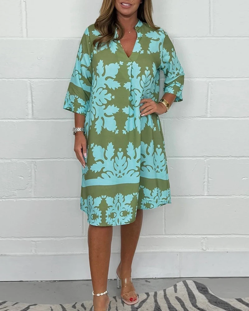 

Plants Print Three Quarters Sleeve Stand Collar Dress Casual Loose Fit Midi Dress