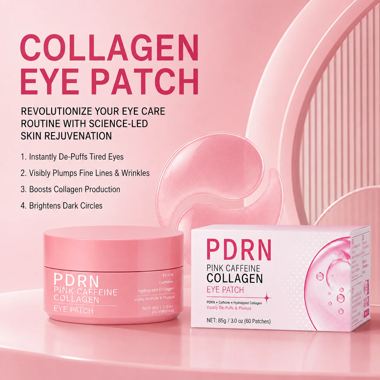 Collagen Under Eye Patches - 60個入り PDRNカフェイン配合のアイパッチ。コラーゲン配合のピンク色のハイドロゲルパッチで、目の下のむくみやクマを軽減します。
