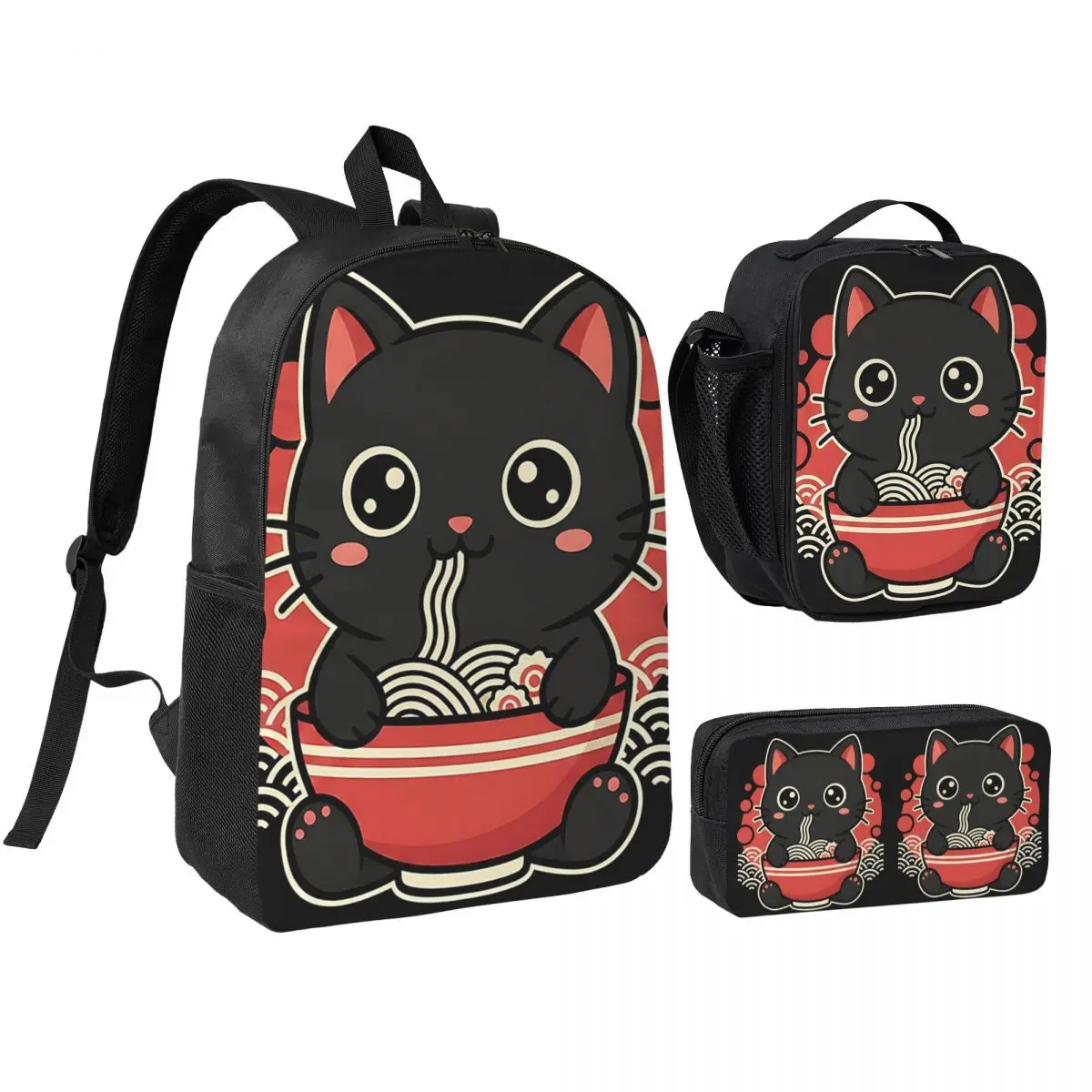 Cute Cat Eat Lamian Noodles Ramen Backpack Boys Girls BookBag School Bag Shoulder Bags 3ps Insulated Lunch Bag Pencil Case