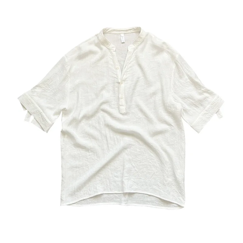 V-neck Short Sleeved Cotton Linen Shirt for Spring and Summer 2026, Loose and Lazy