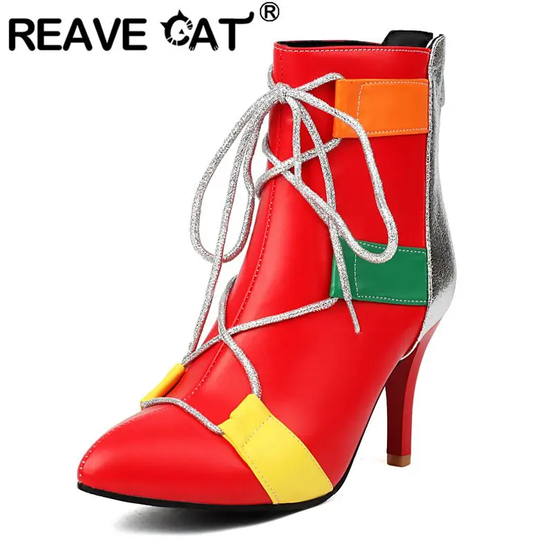 

REAVE CAT 2025 Новый дизайн Женские ботильоны с острым носком на тонком каблуке 8,5 см на молнии со шнуровкой Разноцветные большие размеры 46 47 Sexy Bota