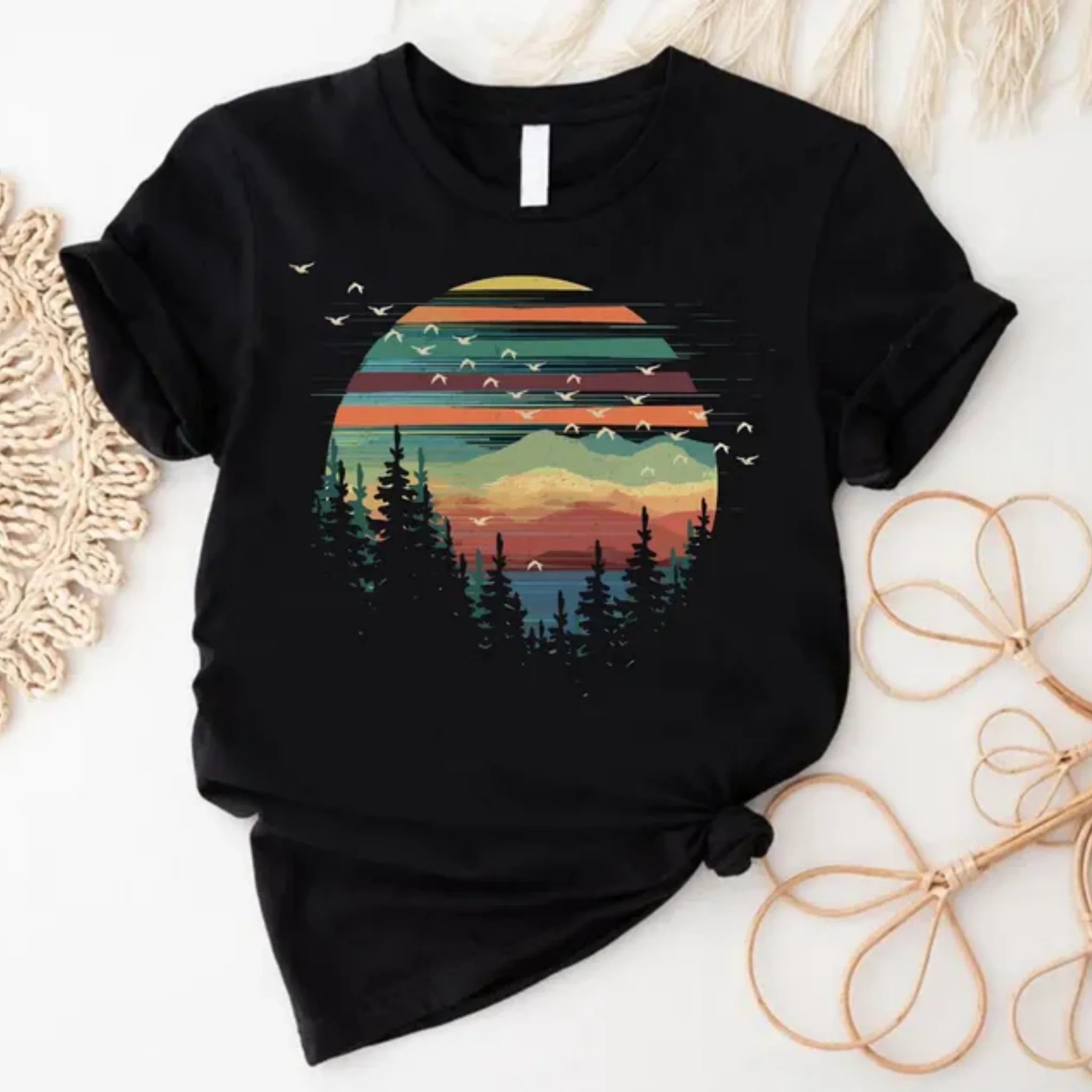 Unisex Retro Mountain Forest Sunset Graphic T Shirt Casual Crew Neck Short Sleeve Nature Landscape Tees Streetwear Daily Tops