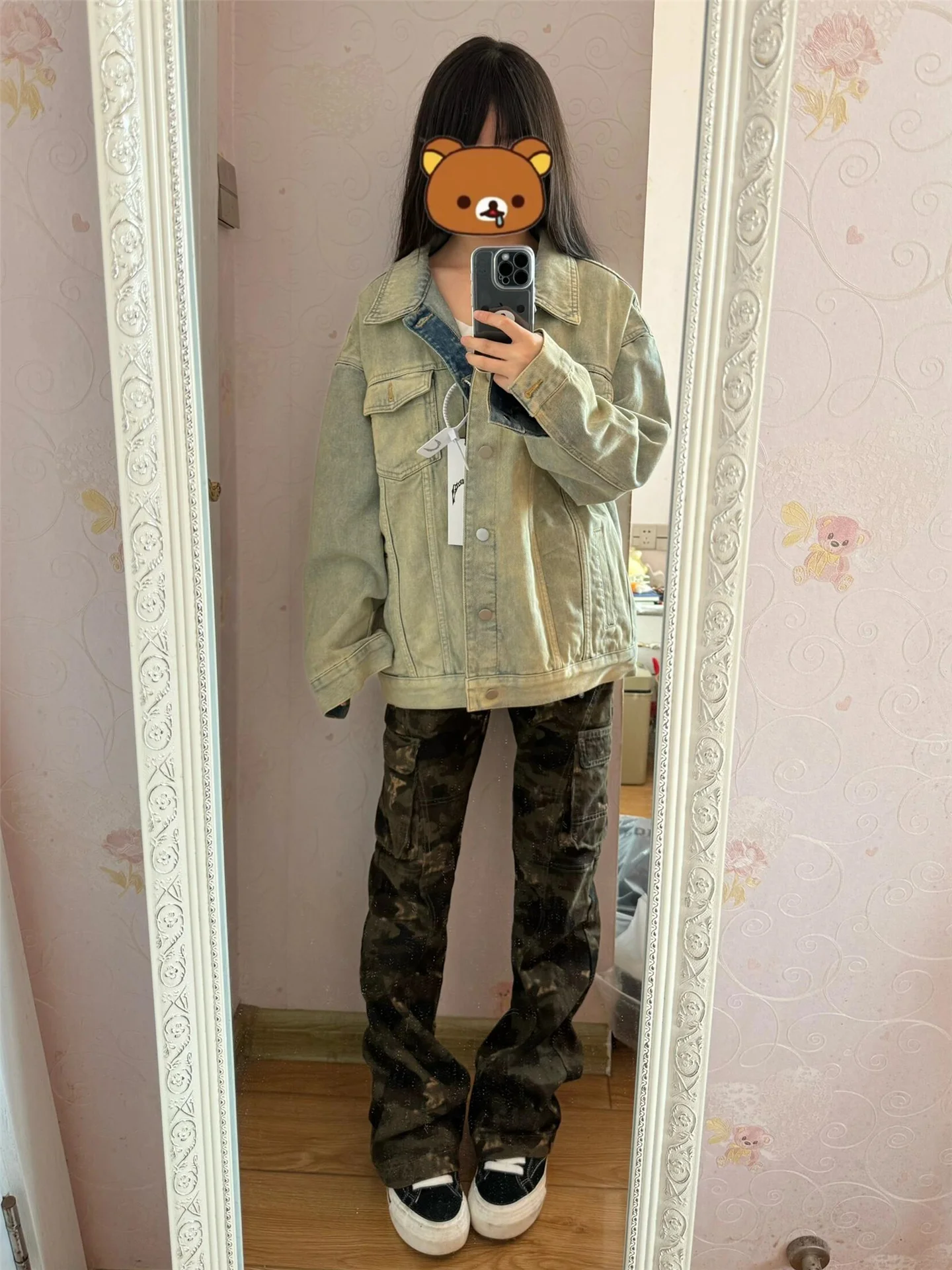 

American Style Vintage Camouflage Workwear Jeans Women's Slimming Design Multi-Pocket Flared Pants Casual Cotton Denim