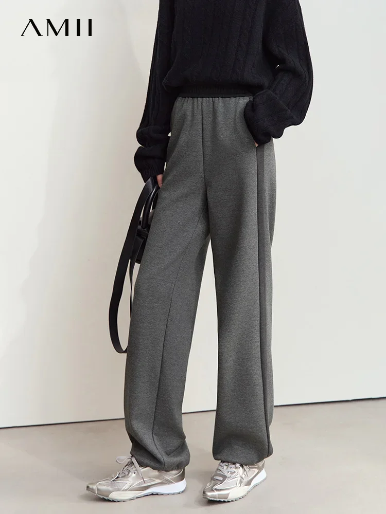 

Amii 2024 Winter Women Clothes Rubber Band Waist Contrasting Color Splicing Velvet Casual Trousers Loose Two-wear Pants 12444239