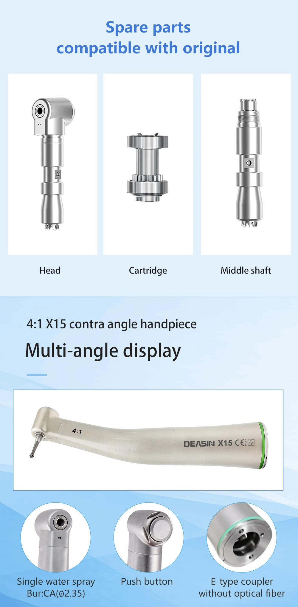 Contra Angle 1:1 1:5 20:1 1:4.2 Dental Handpiece Fiber Optic Low Speed High Speed X95L Style Dental Implant Equipment