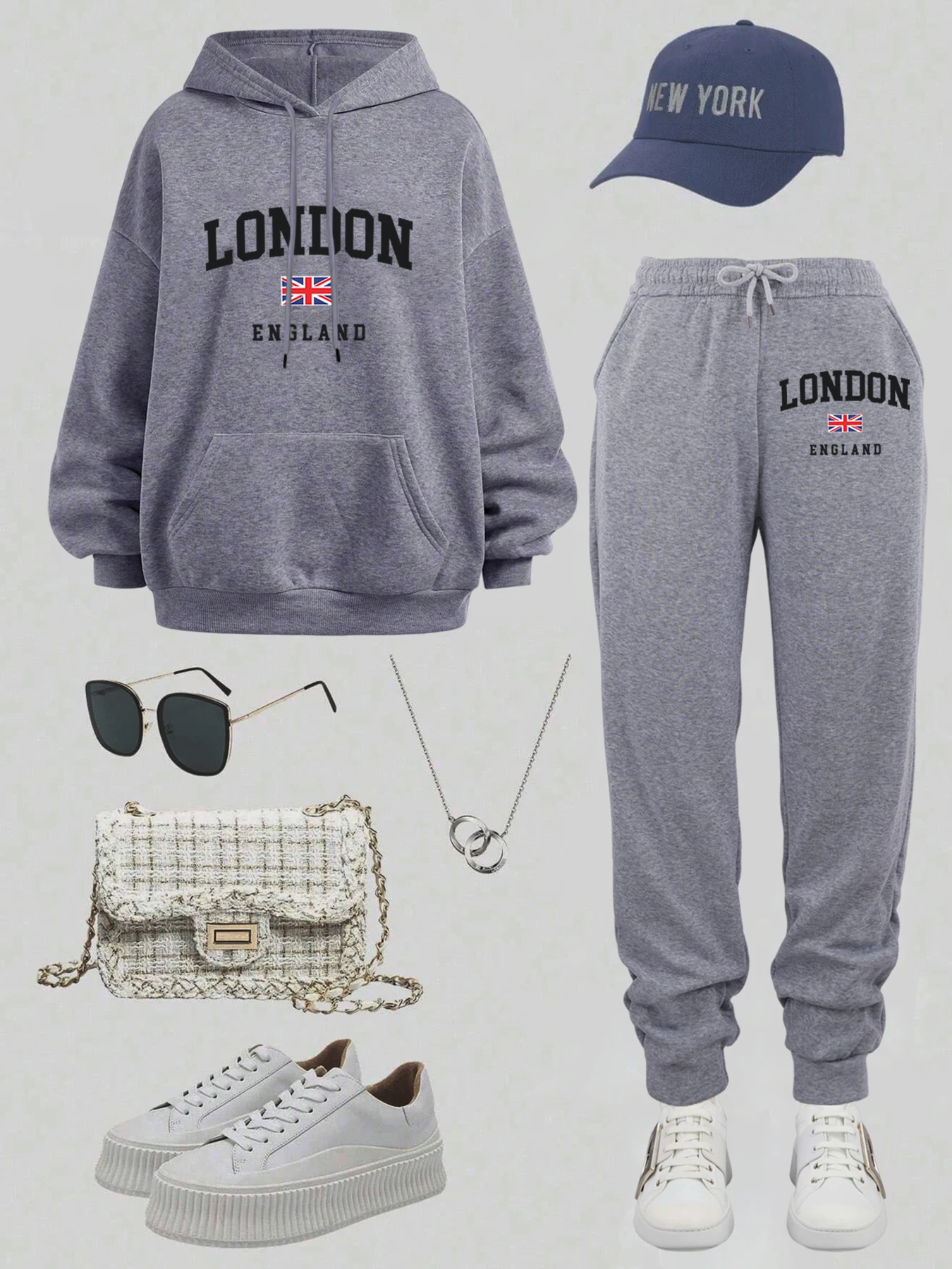 

London England Letter Flag Printing Women Jogging Hoodie Set Casual Street Sportswear Pocket Fleece Sweatpant Autumn Soft Pants