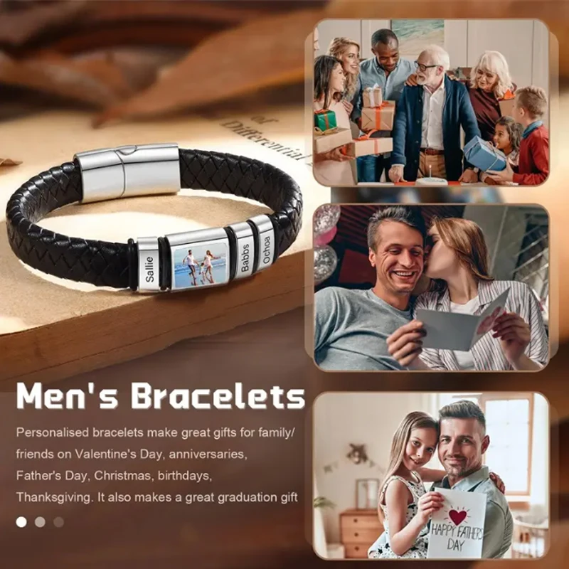 Personalized Photo Name Bracelet for Men Custom Picture Bracelet Leather Engraved Name Bracelet Jewelry Gift for Men Boy Husband