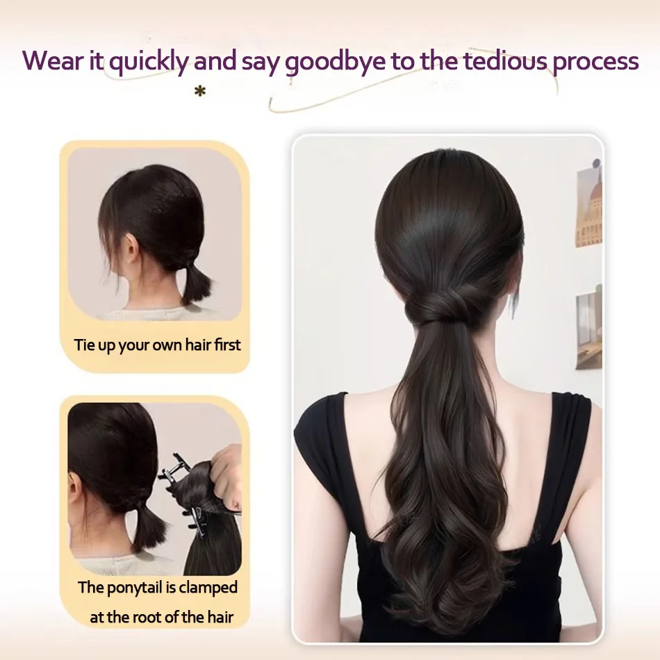 レイヤードボディウェーブ合成ウィッグポニーテール、グリップクリップ付き、ふわふわウェーブクロークリップポニーテールヘア、女性用耐熱ヘアピース