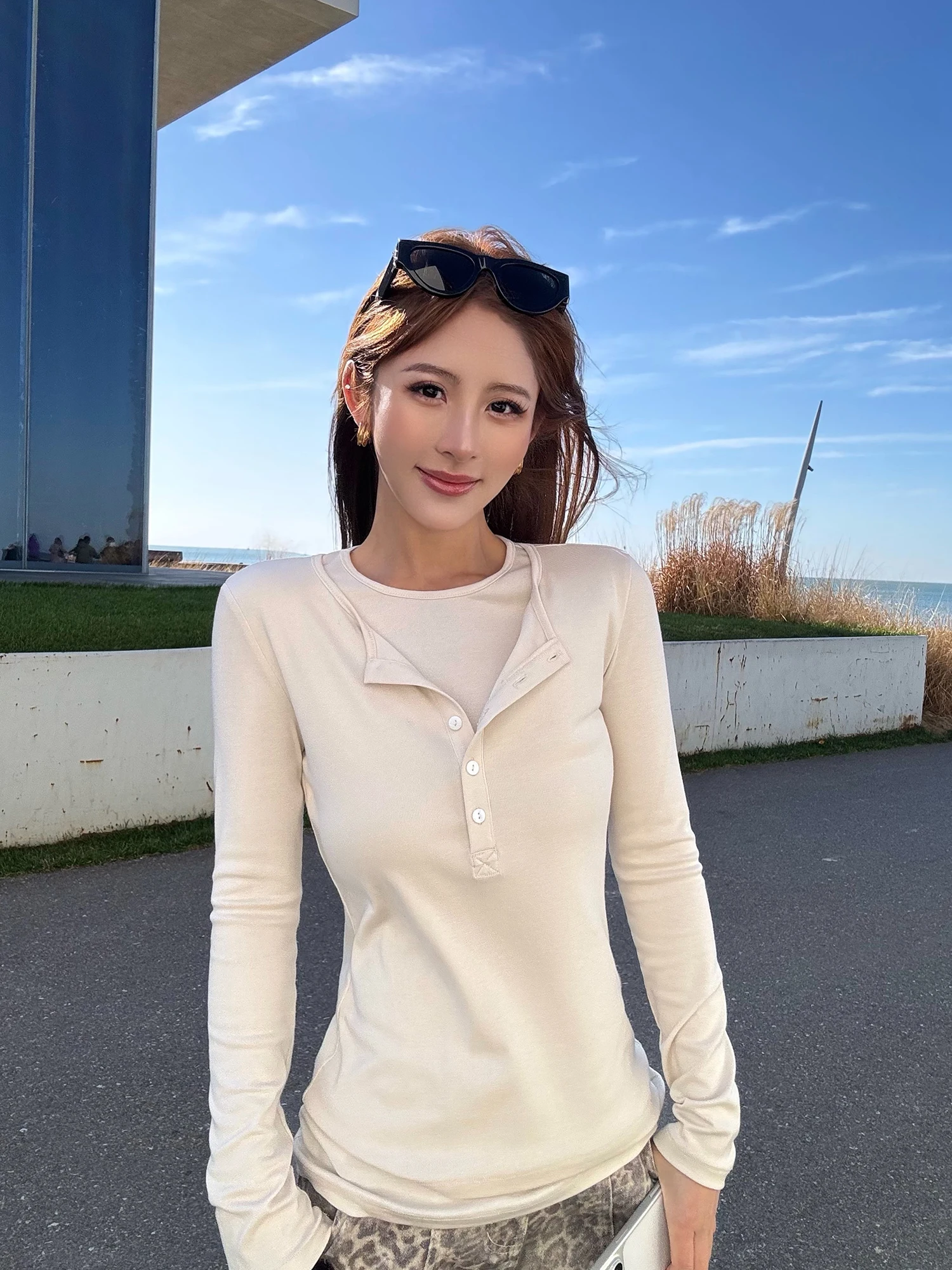 

NEVA HU Women's Long Sve Knitted Top Waist-Cinching Versatile Base Layer irt Casual Sle Comfortable Fit round Ne