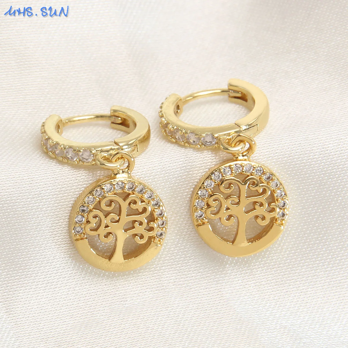 MHS.SUN Lucky Gold Plated Metal Evil Eye/Tree Of Life/Cross Drop Earrings Colorful Zircon Religion Femmal Women Ear Jewelry