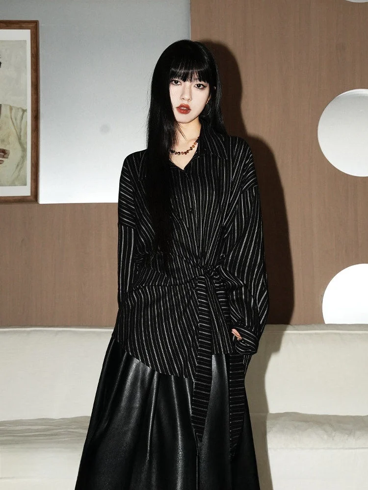 

Новая весенняя женская льняная рубашка с V-образным вырезом, в полоску, с односторонним завязыванием, свободного кроя, с длинным рукавом, повседневная, в стиле кэжуал для офиса