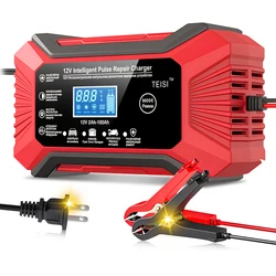 12V Fully Automatic Car Battery Charger LCD Display Motorcycle Intelligent Pulse Repair Charger Dry Water/Lead-Acid Battery