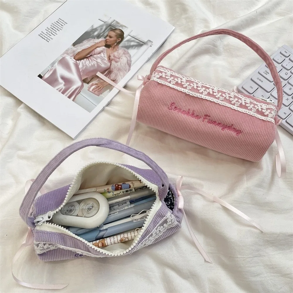 

Lace Handheld Stationery Bag Corduroy Cloth Bowknot Korean Style Pencil Case Desktop Storage Large Capacity Bow Pencil Pouch