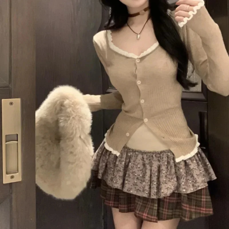 Women's Sexy Half Skirt Knitted Loose Fit Sweet Style High Waist Folds Skirt O-Neck Long Sleeve Lace-up Button Patchwork T-shirt