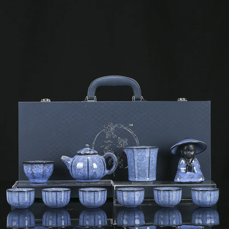 Blue Colorful Chinese Unique Tea Tools Set Ceremony Gongfu Gift Ceramic Kung Fu Tea Set Luxury Ice Flower Home High-end Gift Box