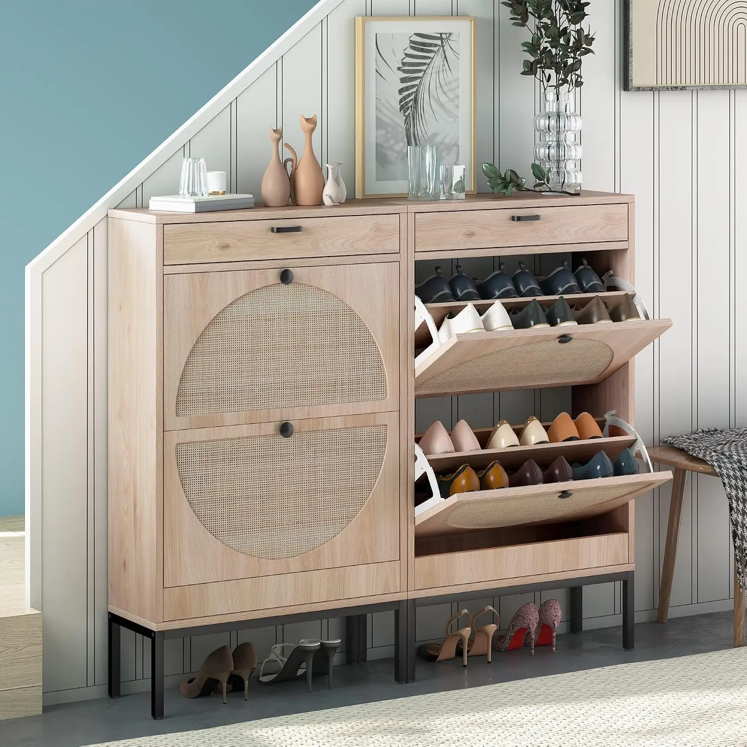 Slim Shoe Storage Cabinet with Flip Drawers & Woven Rattan Doors, Adjustable Shelves for Entryway, 2 Pieces, Customized