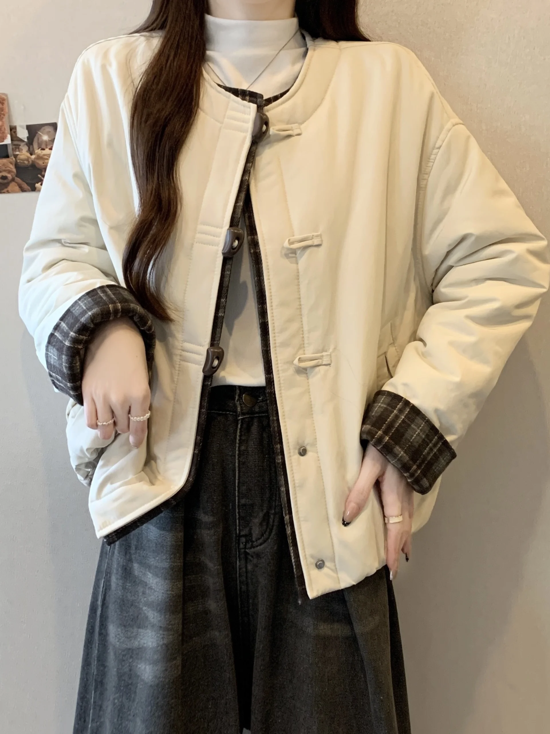 

Korean Retro Plaid Warm Cotton Jacket Outerwear plus Size Women's Loose Super Slimming Winter Coat for Plump Mm Long Sleeve