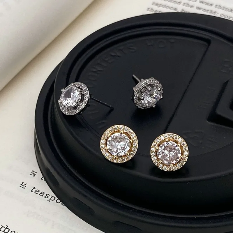 Star Language Personality Round Inlay Zircon Stud Earrings for Women Men Gold Silver Rose Gold Three-color Jewelry Daily Wear