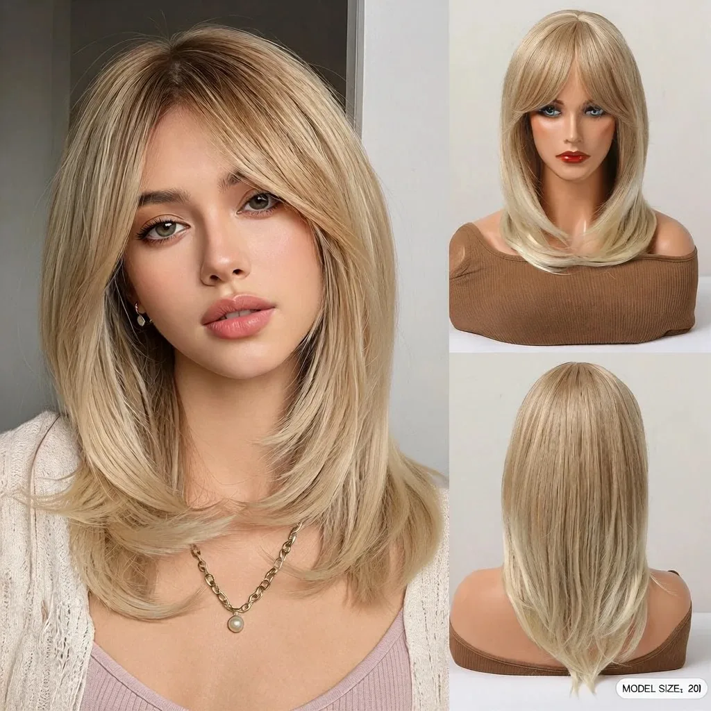 Halloween Wig TopShe 20in Light Gold Medium Straight Synthetic Wig with Bangs Blonde Layered Hair Wig For Women Heat Resistant Gradient Blonde Wig Shoulder-Length Layered Straight Hair Synthetic Wig With Curtain Fringe Everyday Party Wig