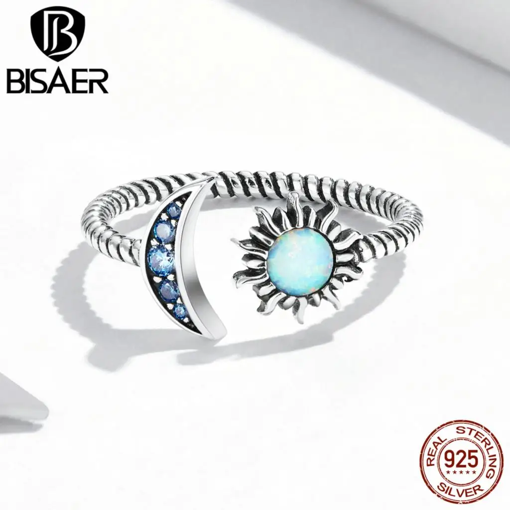 Bamoer 925 Sterling Silver Vintage Moon & Sun Open Ring Adjustable Size 5-9 Plated Platinum For Women Party Fine Jewelry Gift