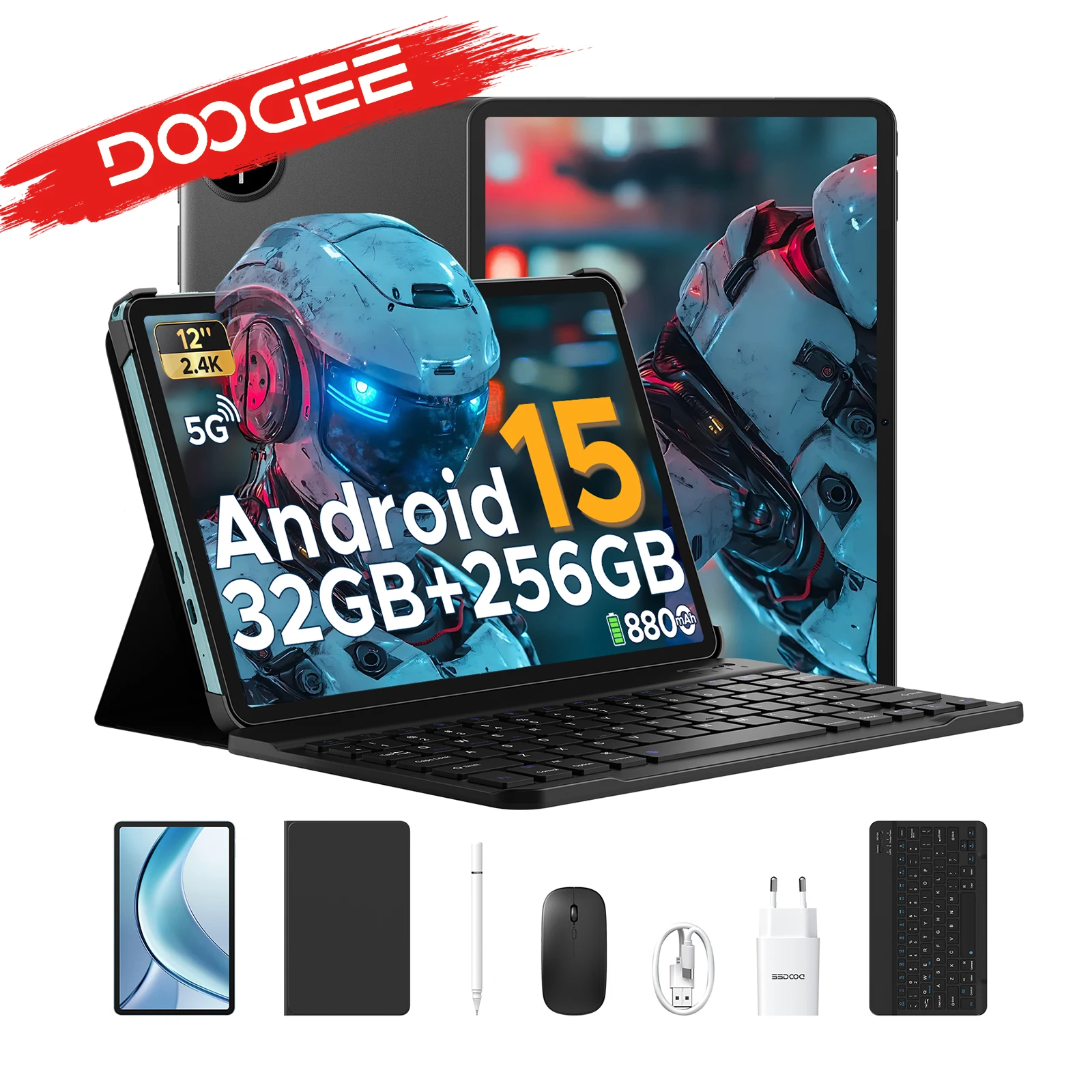 Tablette PC 2 en 1 DOOGEE V Pad 5G 12" Dimensity 7050 Android 15 32 Go RAM (8+24) 256 Go ROM Batterie 8800 mAh Wifi 6 Ultra-minc