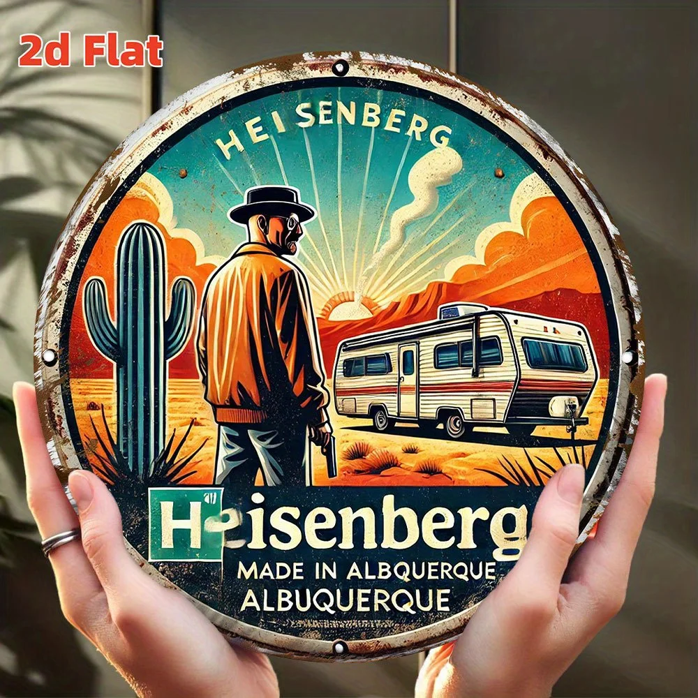 Vintage Heisenberg Breaking Bad Round Tin Sign, Retro Albuquerque RV Desert Metal Wall Art, Antique TV Show Themed Decorative Ti