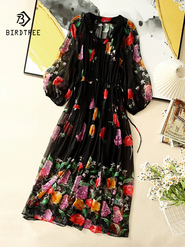 

BirdTree 100%Real Silk Elegant Dress, Women Flower Printed Two Piece Set, Temperament Fairy Retro Dresses, 2024 Summer D43256QC