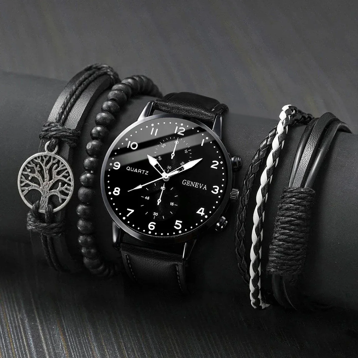 5PCS/Set Men's Watch Fashion Arabic Dial Analog Quartz Watches Vintage Leather Bracelets Set（Without Box）