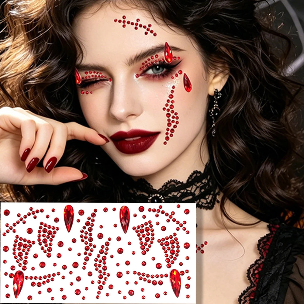3D Halloween Face Eye Rhinestone Gems Temporary Stickers Red Black Devil's Horn/Lightning/Scar Design Tattoo Sticker DIY Decor