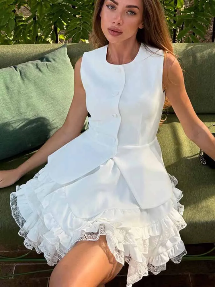 

MCDV милый жилет и юбка, комплект из 2 предметов, женская мода, топ без рукавов с круглым вырезом и пуговицами, мини-юбка с рюшами, шикарные наряды для отпуска