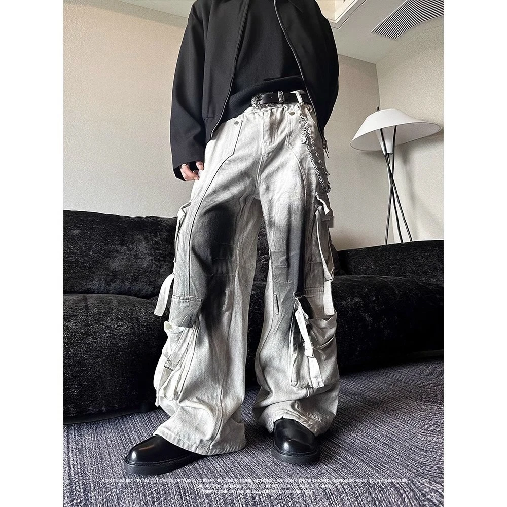 

Женские дизайнерские грязные белые джинсы-карго для струйной печати, осенние джинсовые брюки, уличная одежда унисекс, женские повседневные широкие брюки